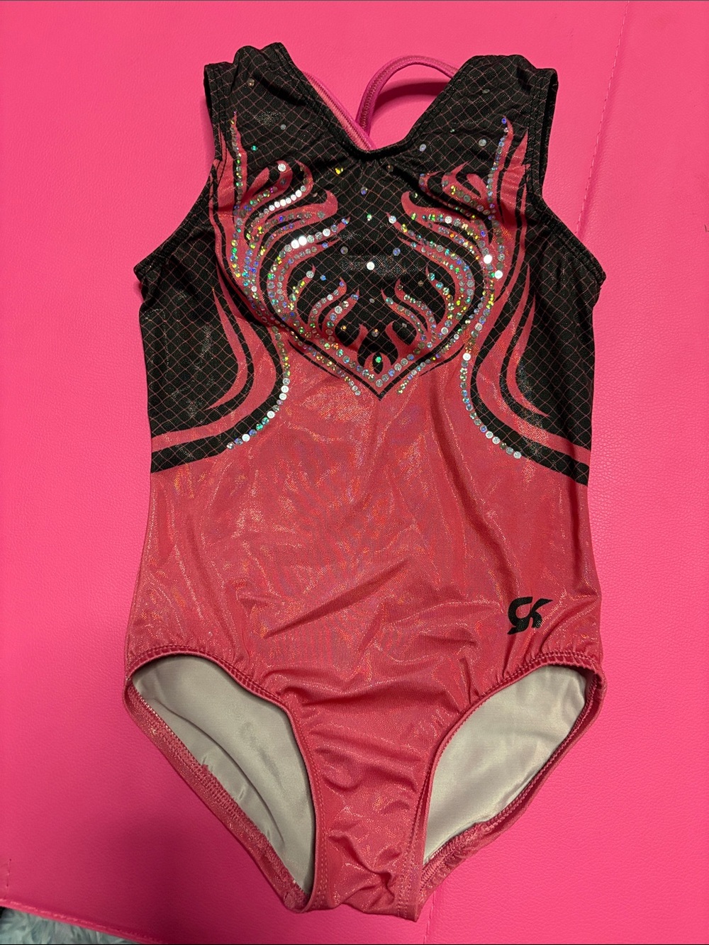 GK Pink and Black Shimmer Athletic Leotard with Rhinestones